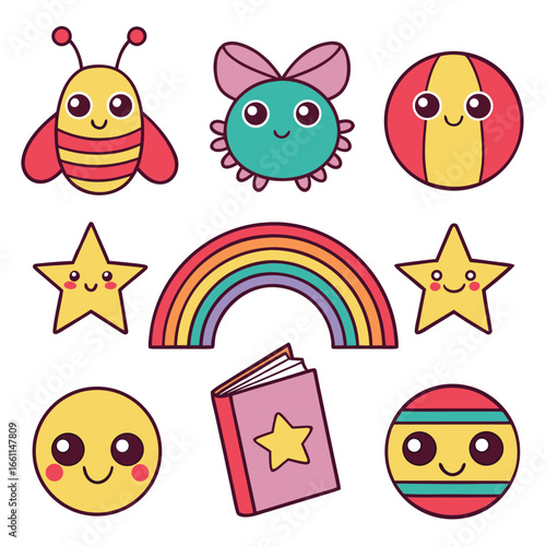 Adorable Kawaii Cartoon Icons: Rainbow, Stars, Bee, Firefly, Balls, and Book; Cheerful, Childlike Illustrations for Children's Products, Websites, and Educational Materials.