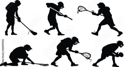 Dynamic lacrosse players in action silhouettes capturing sport's intensity and movement