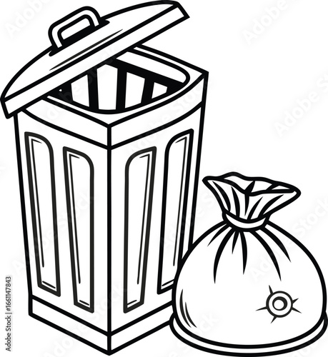 Durable trash can with lid and tied garbage bag, practical waste disposal solution for clean environments