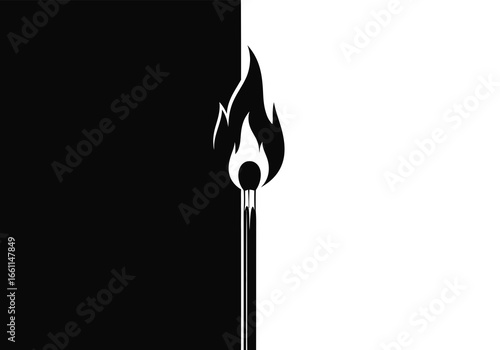 Burning match stick with flame on a contrasting black and