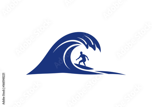 Surfer riding wave logo isolated on white background