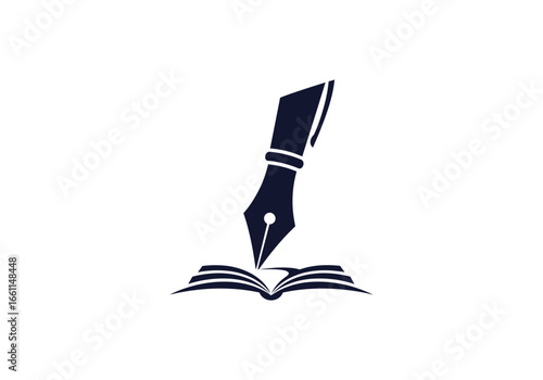 Elegant fountain pen on open book logo isolated on white background