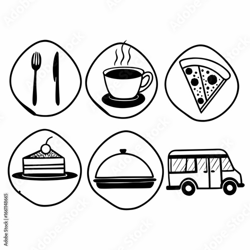 Illustration of food service icons including plate, cutlery, cup, pizza, cake, dish, and delivery van