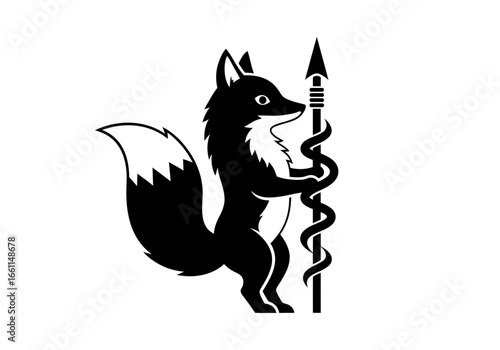 Fox holding a spear with a snake wrapped around it