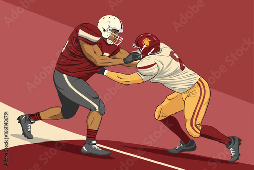 American football defensive tackle powerfully stopping opposing player's advance during intense game action, focused on strength and strategy.