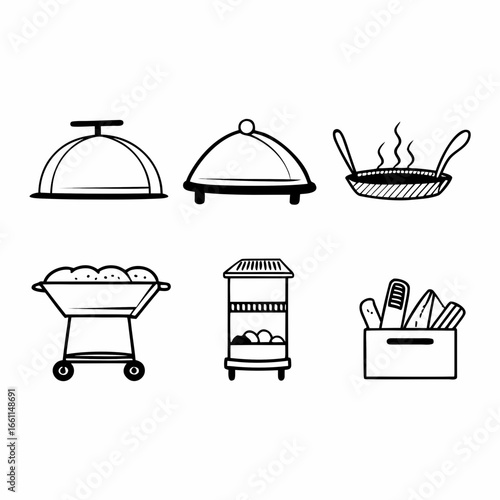 Illustration of food service equipment including dish covers, pans, carts, stands, and containers isolated on white background