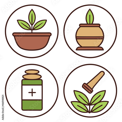 Herbal Medicine Icons:  A Set of Four Modern, Clean, and Calming Vector Illustrations Featuring Plant, Mortar, Pestle, and Supplement Bottle Graphics for Wellness Branding.