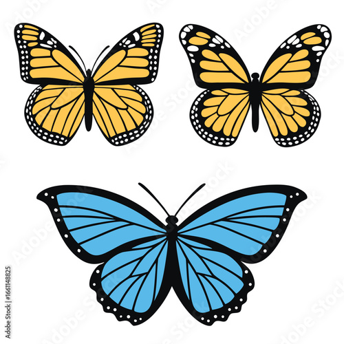 Three Vibrant Butterfly Illustrations: Two Yellow Monarchs and One Blue Morpho, Vector Style, Isolated on White Background, Perfect for Spring and Summer Designs, Nature Themes, and Children's Books.