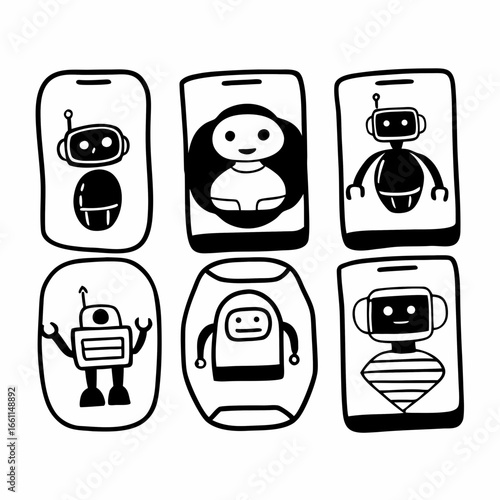 Collection of hand drawn robot icons on smartphones isolated on white background in a cartoon style