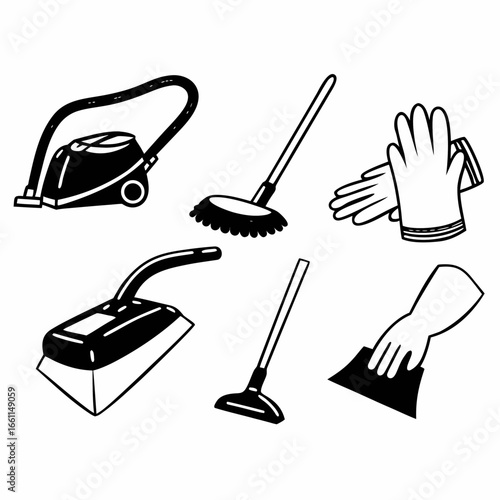 Cleaning equipment and tools for housework and domestic hygiene isolated on white background