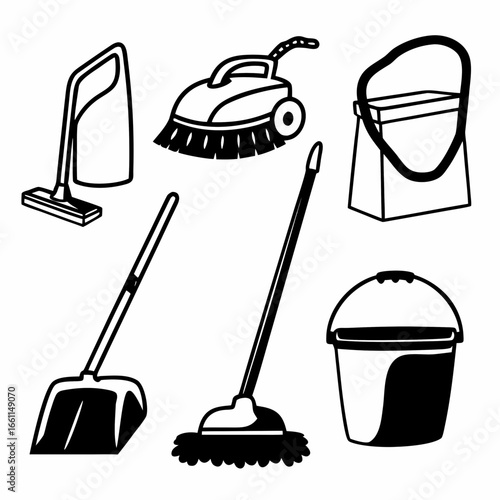 Cleaning equipment and tools for housework and domestic hygiene isolated on white background