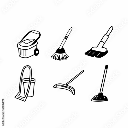 Illustration of various cleaning tools and equipment isolated on white background in a simple style