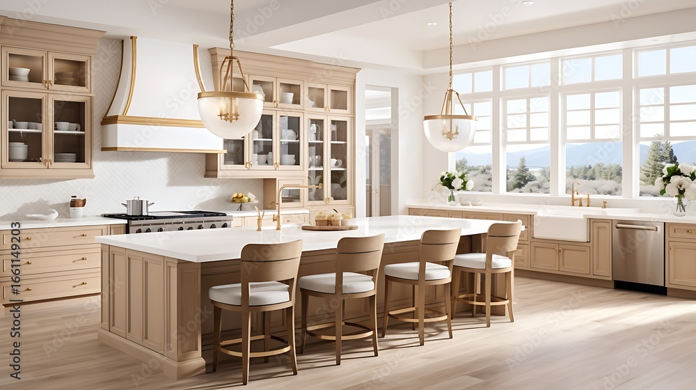 Fototapeta premium A spacious kitchen with light oak cabinetry, a white island, and a delicate touch of gold accents on the handles. Pendant lights hang over the island for a warm, inviting glow.