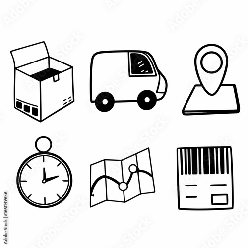 Delivery service icons showing box, van, location, time, map and barcode isolated on white background