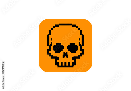 Pixel art skull icon on orange square for retro game design