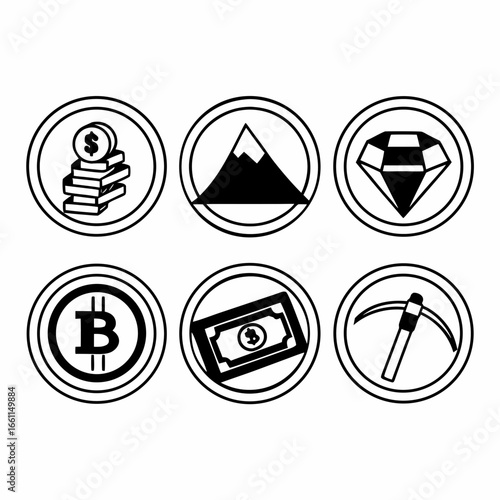 Collection of various cryptocurrency and money related icons isolated on white background in line art