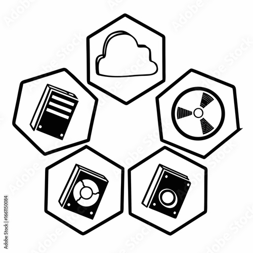 Illustration of cloud storage, data server, and network computing icons isolated on white background