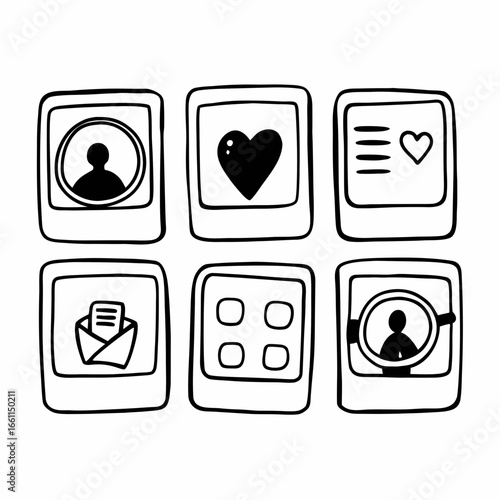 Doodle style dating app interface isolated on white background, showcasing user profiles and communication
