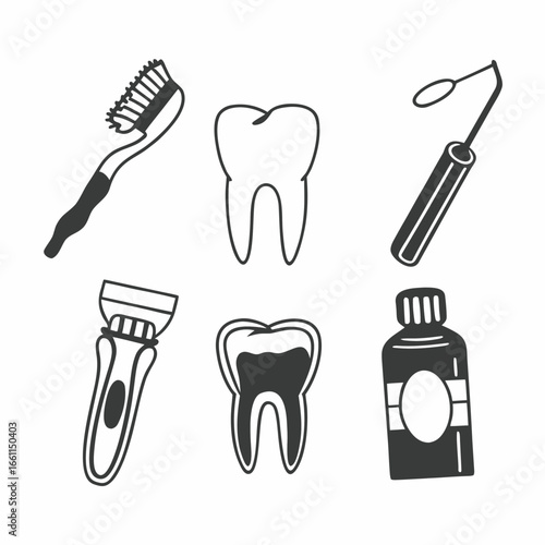 Dental care tools and teeth isolated on white background for oral hygiene and health