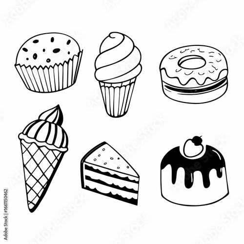 Illustration of various desserts isolated on white background, including cake, cupcake, ice cream and donut