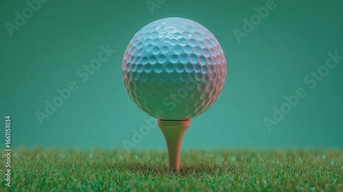 Close up of a golf ball on a tee against a teal background.