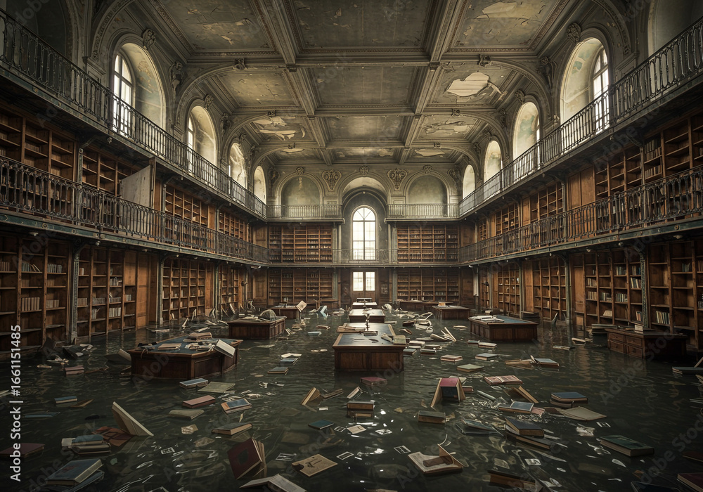 Fototapeta premium Flooded Historic Library Interior with Floating Books and Submerged Tables