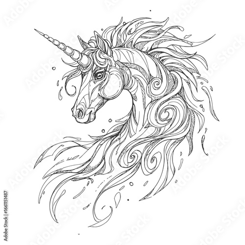Majestic Unicorn Head Line Art Illustration.