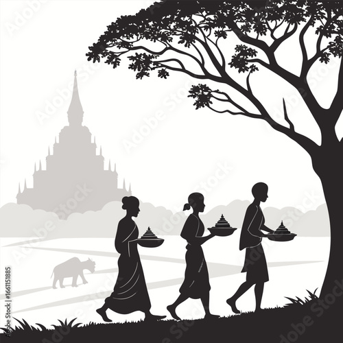 people carrying offerings near temple under tree silhouette