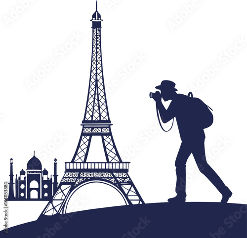 traveler taking photo near eiffel tower and taj mahal