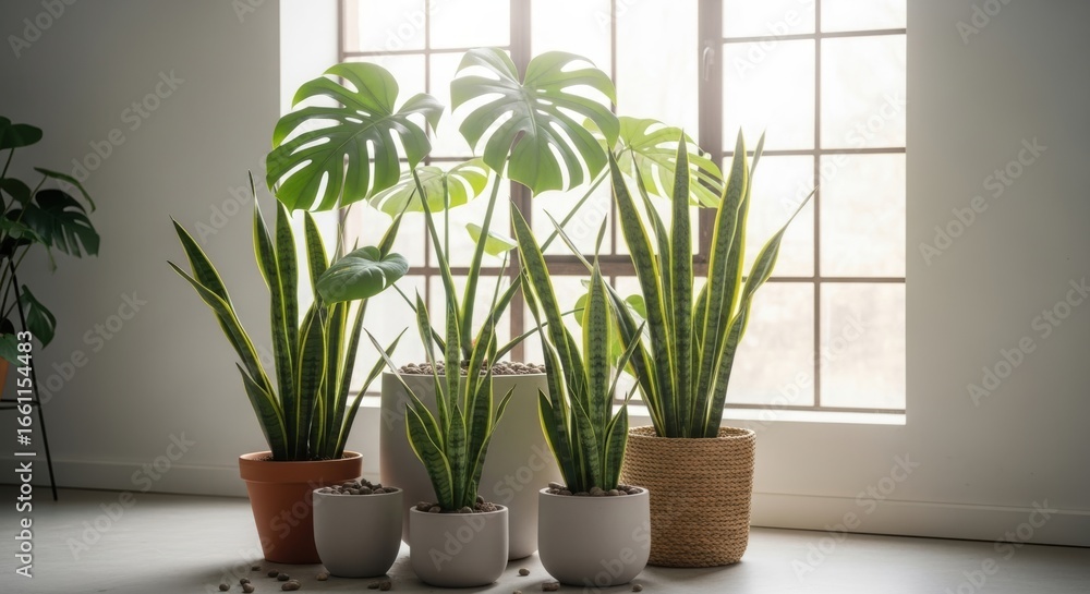 Fototapeta premium Indoor Plants near Window: Snake Plants and Monsteras