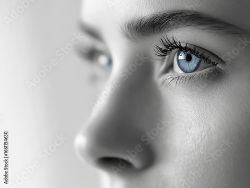 Close-up of a person's face focusing on striking blue eyes, sharp eyelashes, and smooth skin in a soft light