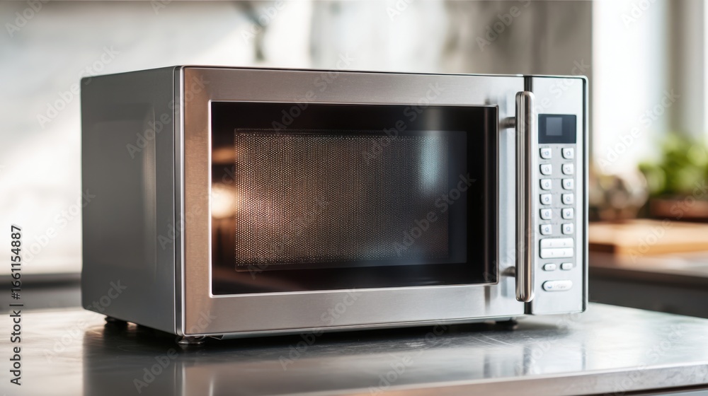 Fototapeta premium Modern Stainless Steel Microwave in Bright Kitchen Environment