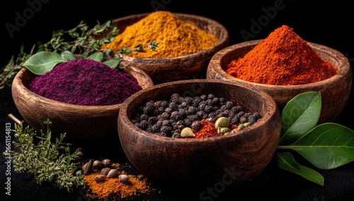 Fototapeta Naklejka Na Ścianę i Meble -  Vibrant spice bowls with herbs, a culinary explosion