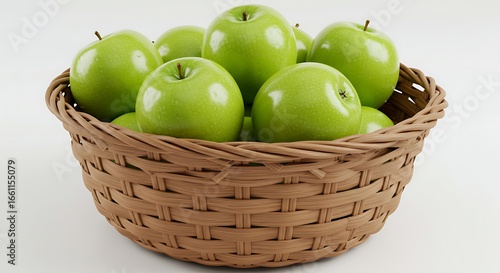 Abundance of Green Apples in a Woven Basket on a White Background