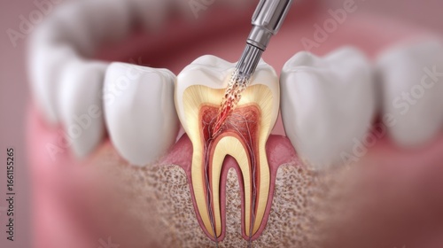 Dental procedure illustrating root canal treatment on a human tooth close-up with detailed anatomy