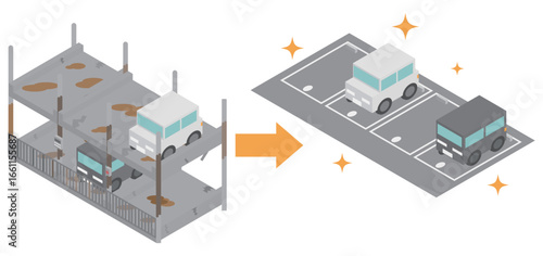 アイソメトリックな老朽化した機械式立体駐車場を撤去して平面駐車場に工事したイメージ素材