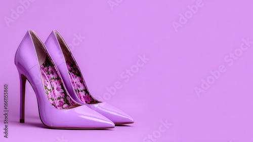 Pair of lavender high heels with floral insole on purple background