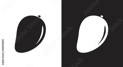 Elegant black and white split vector icon of a ripe mango, representing tropical fruit, healthy snacks, and exotic flavors.