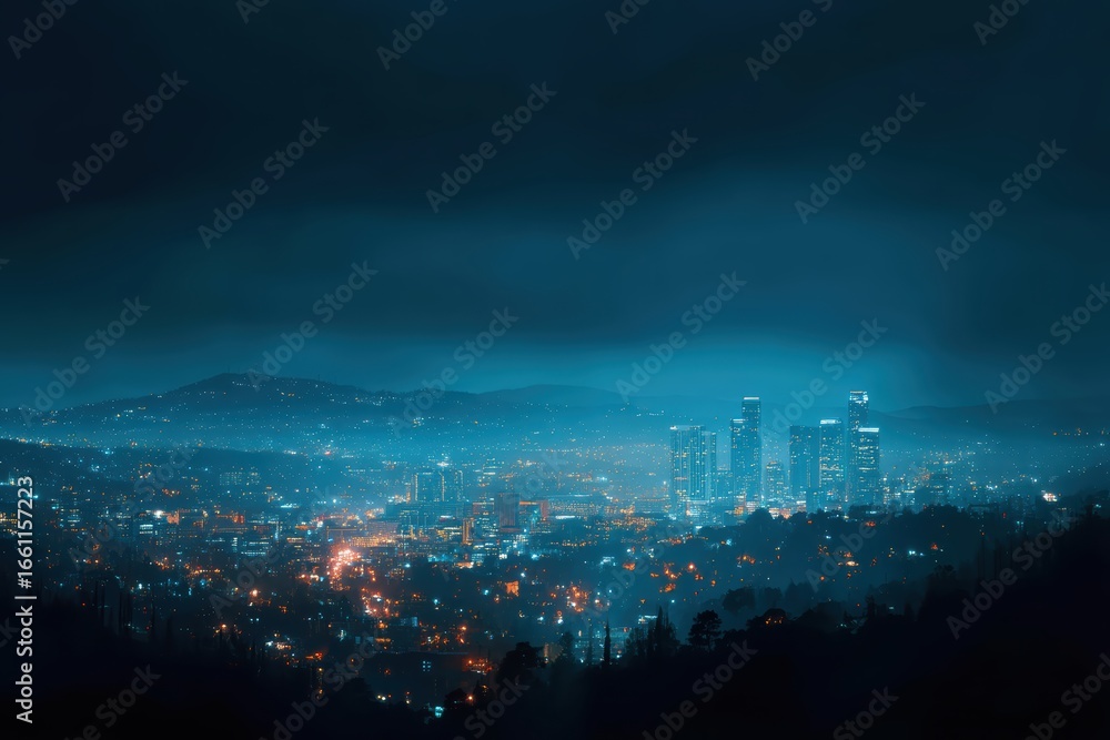 Obraz premium A misty cityscape at night with glowing skyscrapers and scattered lights, surrounded by hills under a dramatic, cloudy sky