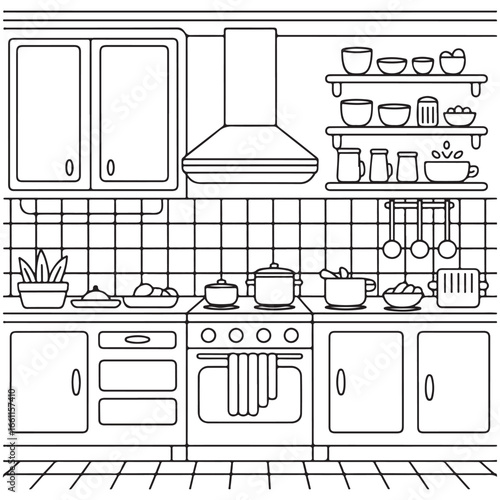 Interior of a Modern Kitchen with Shelves and Cooking Essentials - Kids’ Fun Art