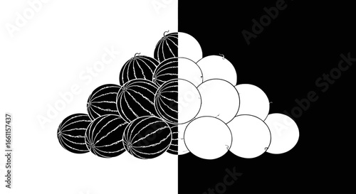 Minimalist black and white vector icon of a large pile of fresh watermelons, representing a bountiful summer harvest at the market.