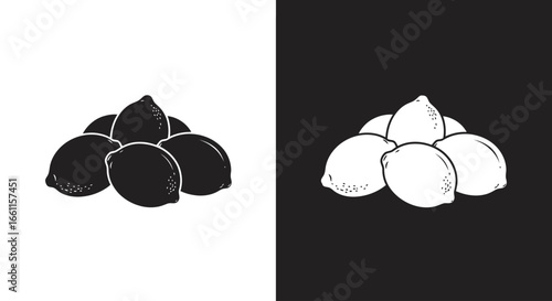 A clean black and white split icon of a pile of mangosteen, the queen of tropical fruits, symbolizing exotic flavors and wellness.