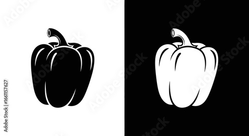 Black and white split icon of a bell pepper or capsicum, a crisp vegetable symbol for healthy cooking and nutrition.