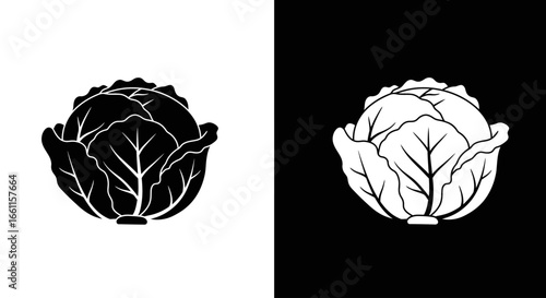 A clean and detailed black and white icon of a head of cabbage, representing fresh coleslaw, healthy recipes, and garden produce.