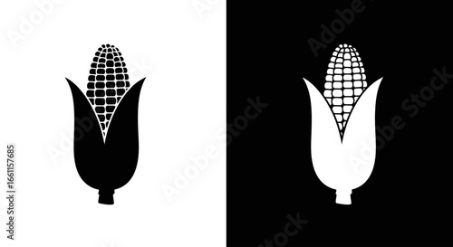 Black and white vector icon of an ear of corn or maize, symbolizing autumn harvest, agriculture, and farm-fresh produce.