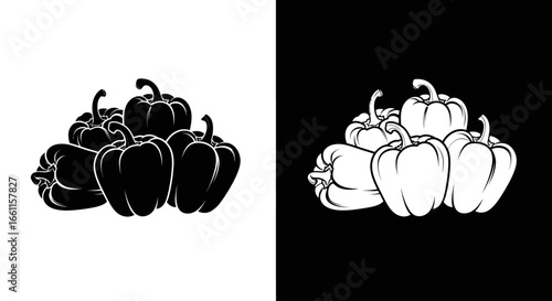 A large pile of assorted bell peppers in a black and white split icon, representing variety and fresh, colorful ingredients.