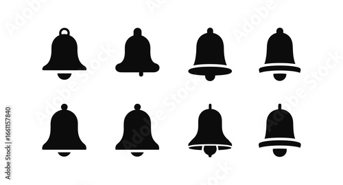 A black bell icon on a white background set