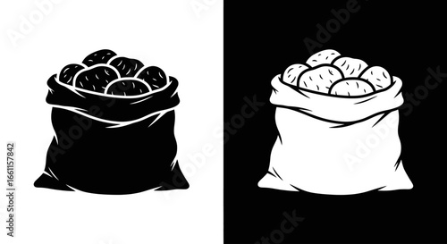 Black and white split icon of a full burlap sack of potatoes, representing farming, harvest, and staple food supply.