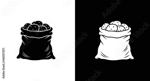 Outline vector icon of a burlap sack filled with potatoes, a simple design for agriculture and food market branding.