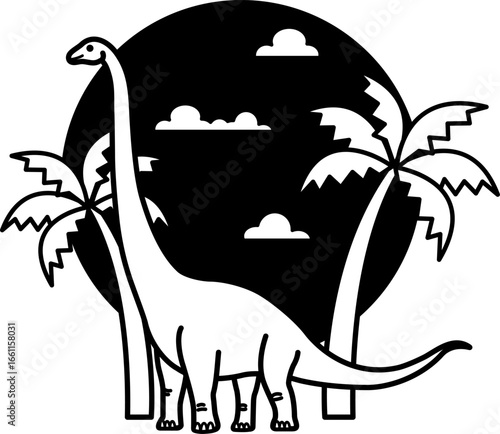 black and white isolated illustration of brachiosaurus long neck dinosaur